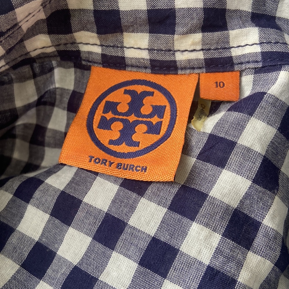 Tory Burch Blue Gingham Button Front Tie Shirt Dress - Picture 5 of 6